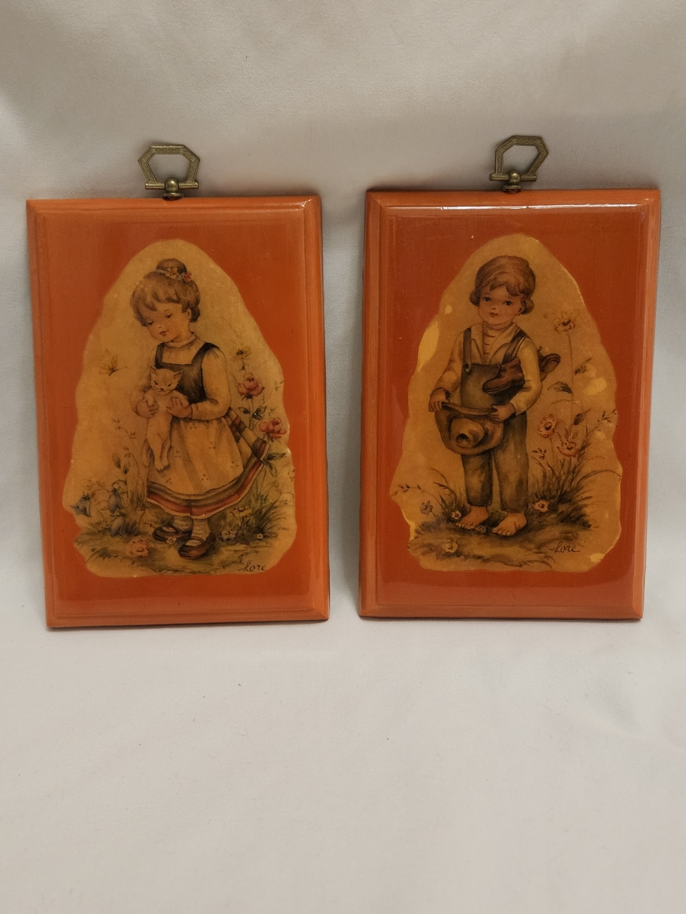 Vintage Orange Children Wall Plaques Pair Laquered Wood Cottagecore Storybook